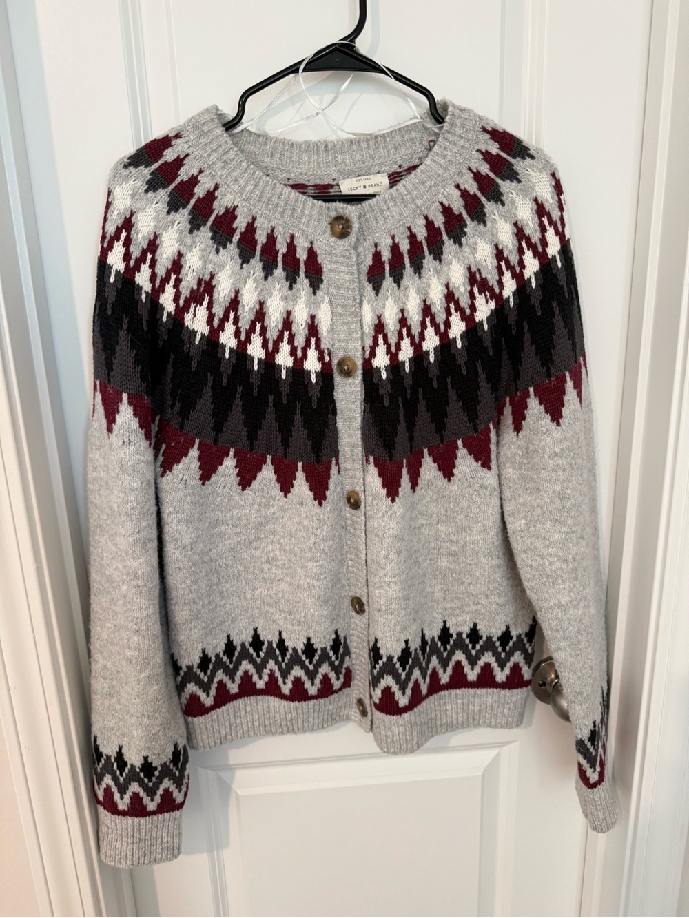 Lucky Brand Gray Fair Isle Button-Front Cardigan with Burgundy and Black Accents